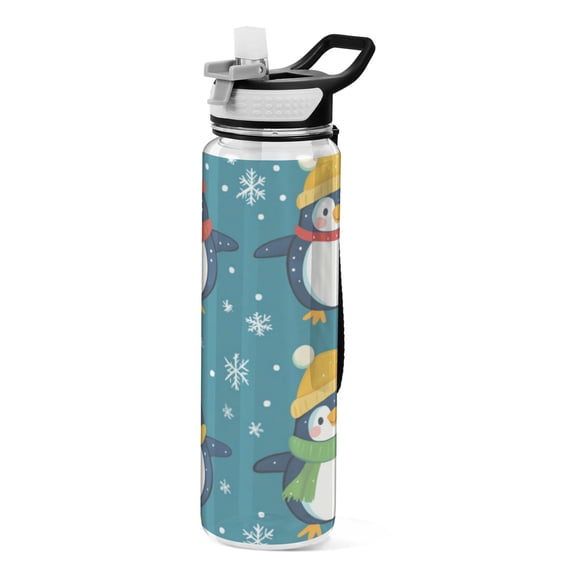 Qxltty Colorful Scarf Penguin Pattern Water Bottle 32 oz with Straw BPA Free Reusable Fitness Sport Bottle Perfect for Travel School Outdoors and Gym