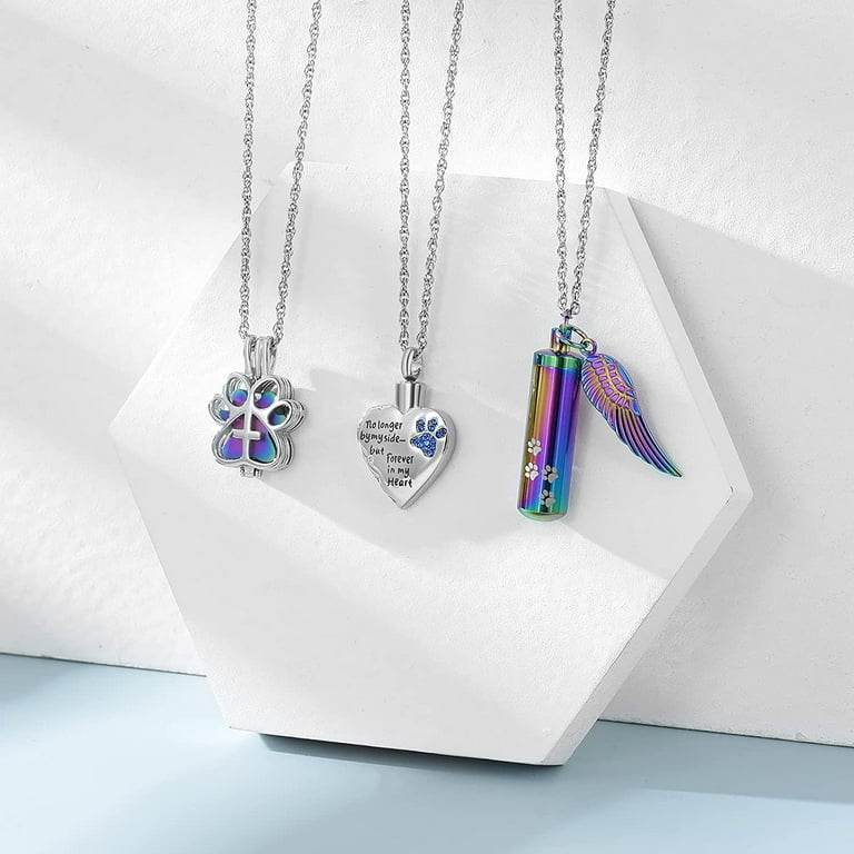 3 Pack Kids Paw Print Heart Cylinder Urn Necklace