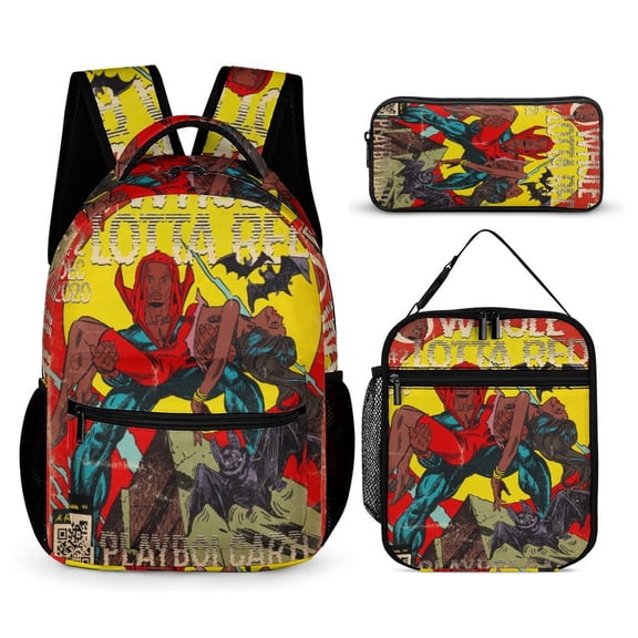 Playboi Carti  Comic  Music 1 3 PC Backpack Set Casual School Bag Daypack with Lunch Bag Outdoor Travel Large Capacity BagsOne Size