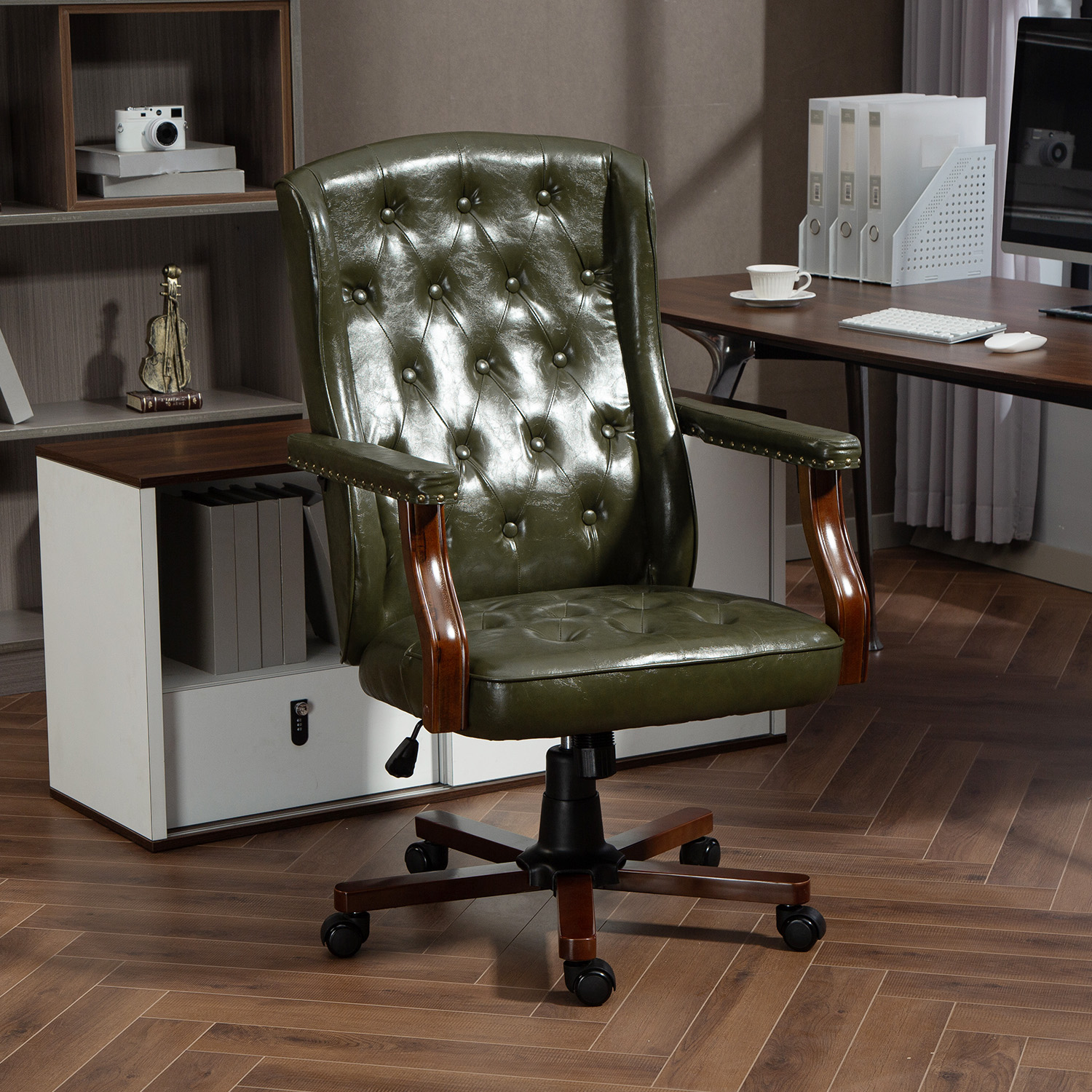 AVAWING Ergonomic Executive Office Chair, Vintage Faux Leather Swivel Work Chair, Green