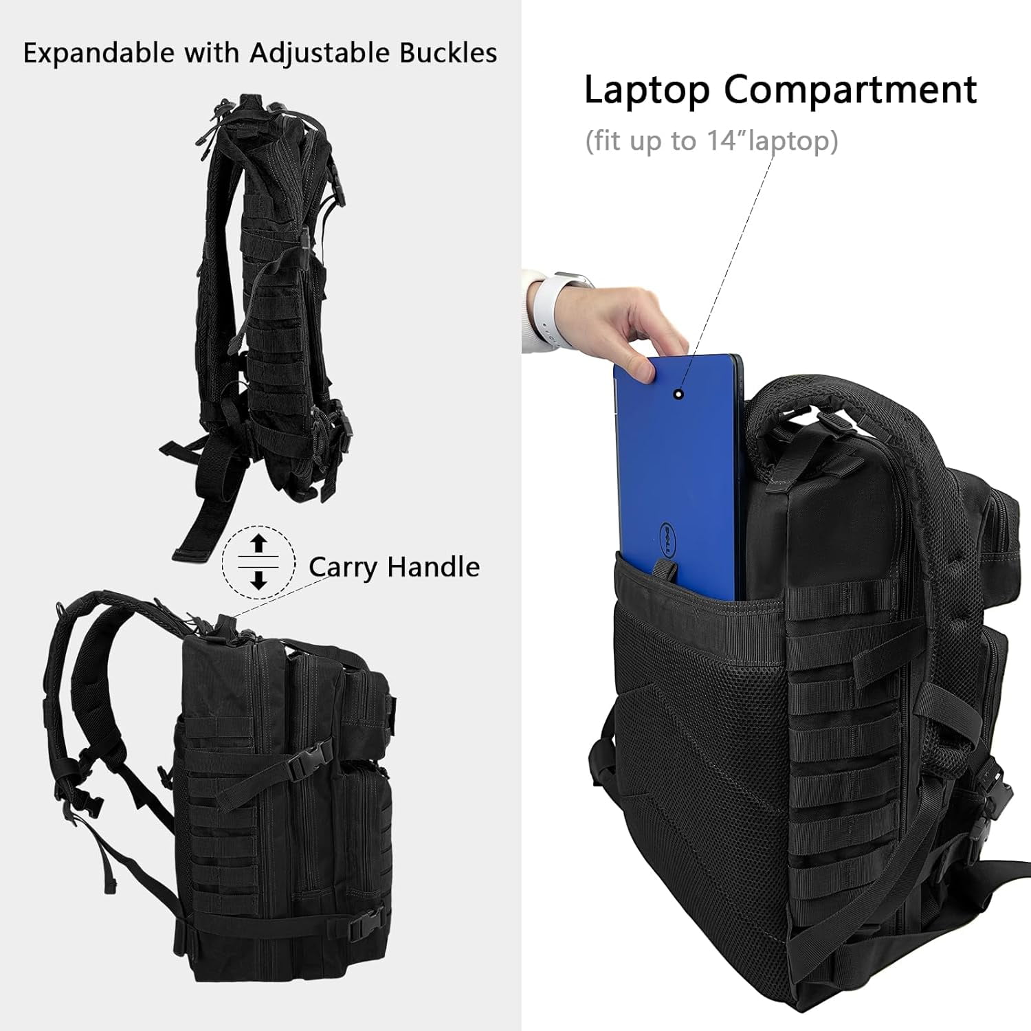 WOLT | 50L Durable Backpack--Durable 900D Nylon with Molle System & Laptop Compartment Large Hiking Backpacks Black