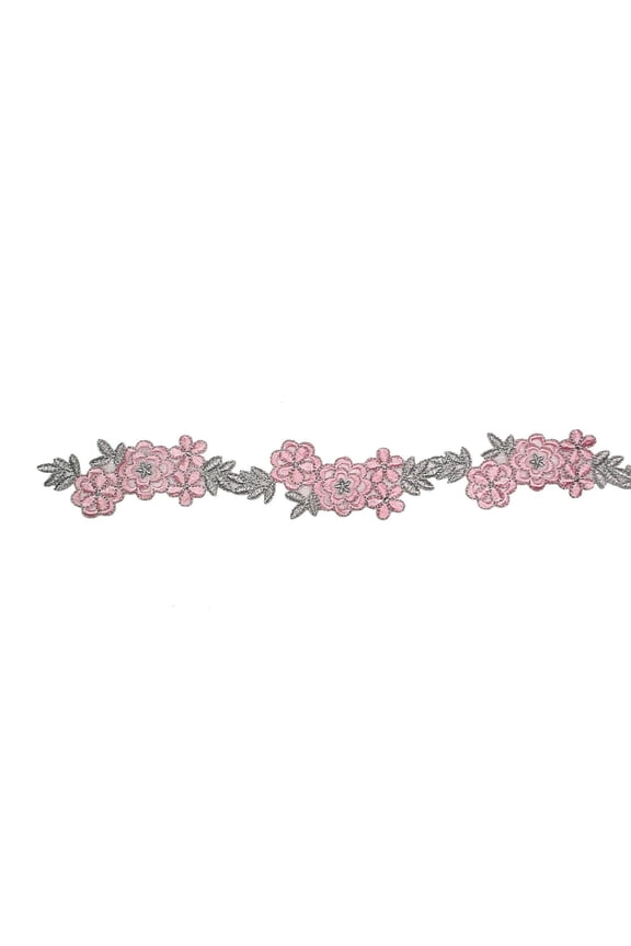 1.75" Pink fuchsia Eggplant Red Burgundy with Silver Metallic Embroidered Lace