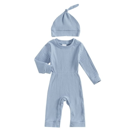 

Bmnmsl Baby Boys Rompers Solid Color Ribbed Knit Bodysuits with Hat