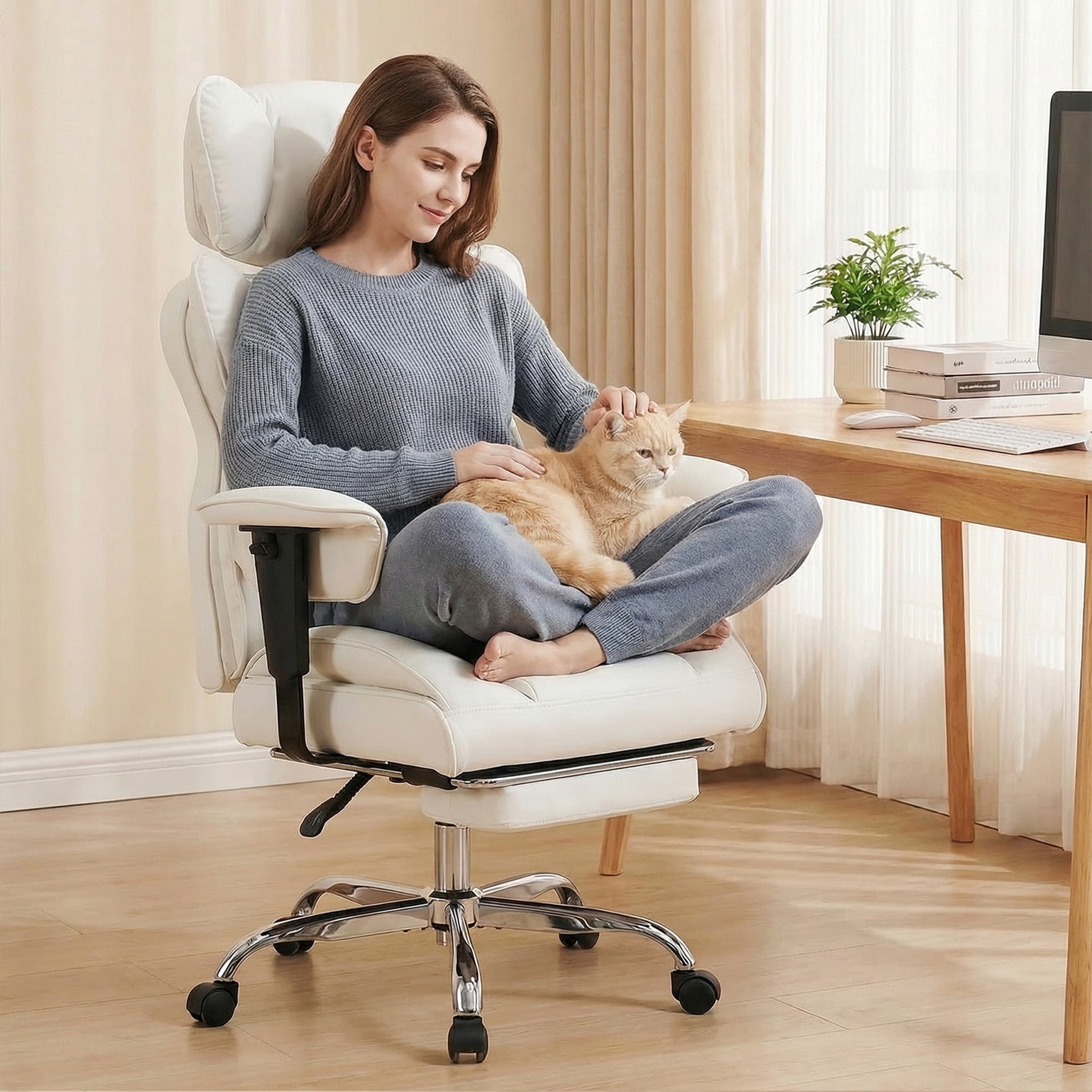 EDX Big and Tall Home Office Chair with Adjustable Armrests and Footrest,PU Leather Excutive Computer Chair with Wide Seat,Desk Chair with Ergonomic Lumbar Support,Beige