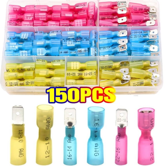 YangNengwen 150PCS Heat Shrink Spade Connectors Kit 22-10 AWG Female and Male Spade Terminlas Quick Disconnect Connectors Fully Insulated Electrical Wire Crimp Connector