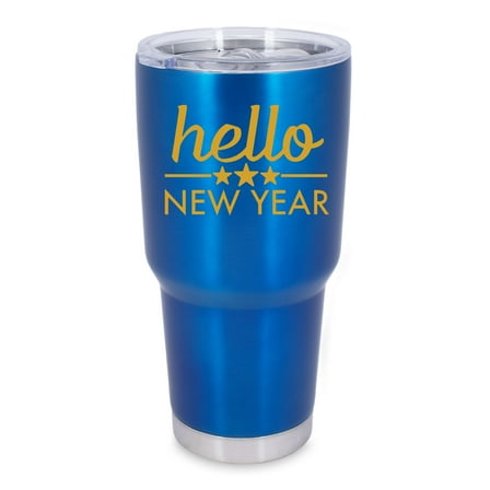 100 North 30 Ounce Stainless Steel On the Go Travel Tumbler With Push Top Lid, Hello New Year Blue