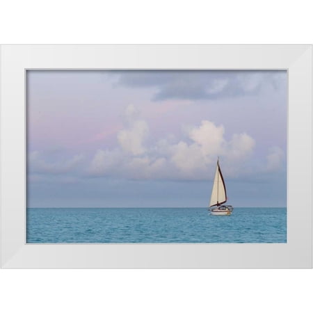 Paulson, Don 14x11 White Modern Wood Framed Museum Art Print Titled - Bahamas, Exuma Island Sailboat at sunset