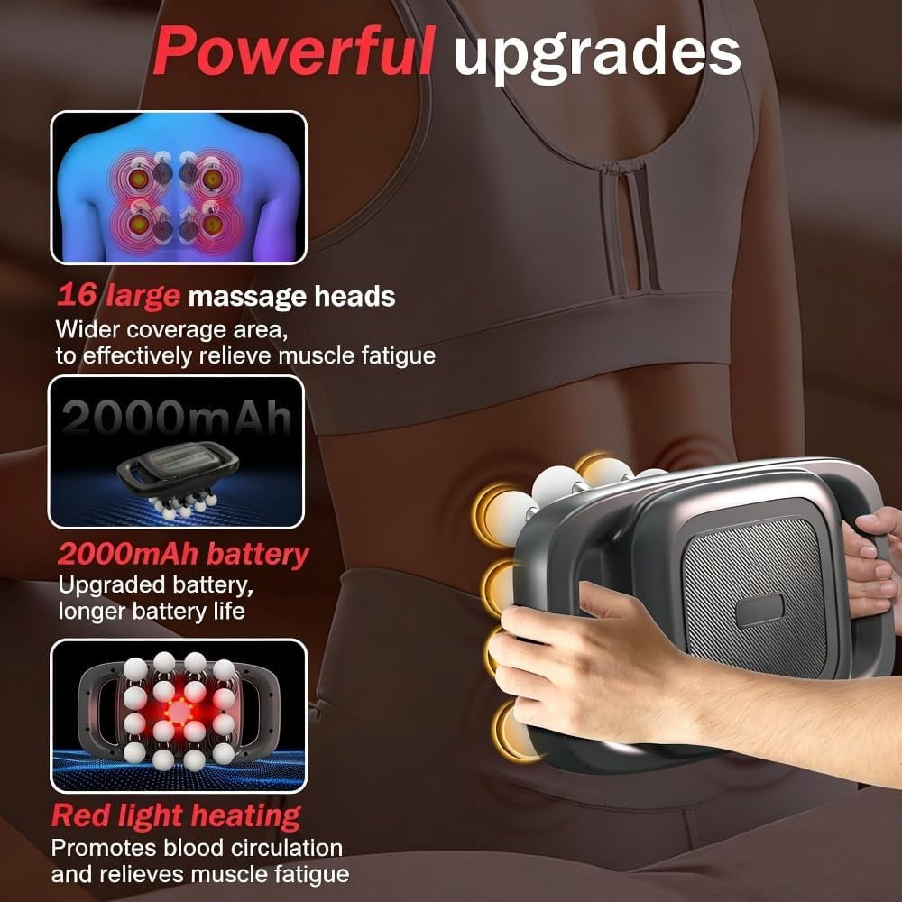 16-Head Percussion Massager with 9 Attachments - Cordless, Adjustable Speed Deep Muscle Massage Gun for Body Relaxation in Dark Grey