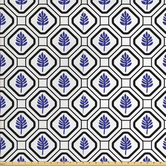 Geometric Sofa Upholstery Fabric by the Yard, Mediterranean Rhombus with Leaves and Oriental Moroccan Effects, Decorative Fabric for DIY and Home Accents, Indigo Charcoal Grey by Ambesonne