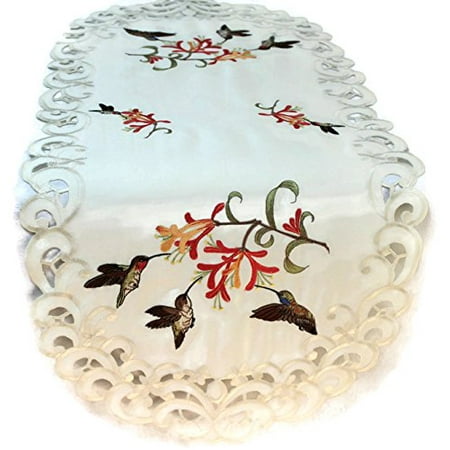 

Doily Boutique Table Runner Embroidered with Hummingbirds on Ivory Fabric Size 44 x 15 inches