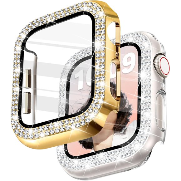 Yanonmyfd Funda para reloj brillante con protector de visualización HD para mujer compatible con Apple Watch de 49 mm de diámetro, protector de cara para iWatch Series Ultra 3/2/1, color dorado