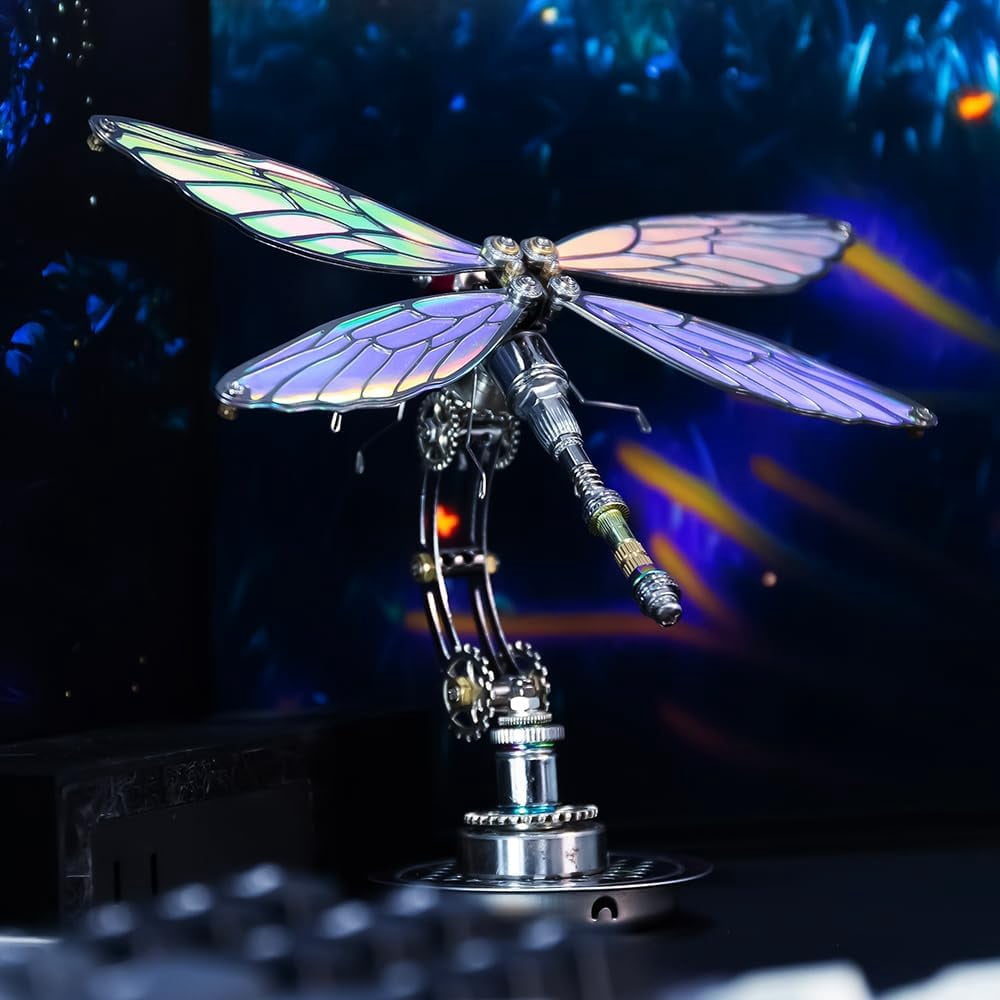 Mostarle 3D Metal Puzzle Cyberpunk Dragonfly, Color-Shifting Electroplated Wings, Adjustable Display, DIY Mechanical Model Kit for Adults & Teens, Gift