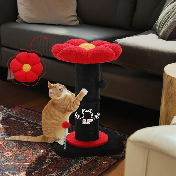 Pefilos 23" Flower Cat Scratching Post for Indoor Cats, Small Cat Tree Tower with Perches and Spring Ball for Adult Cats, Red