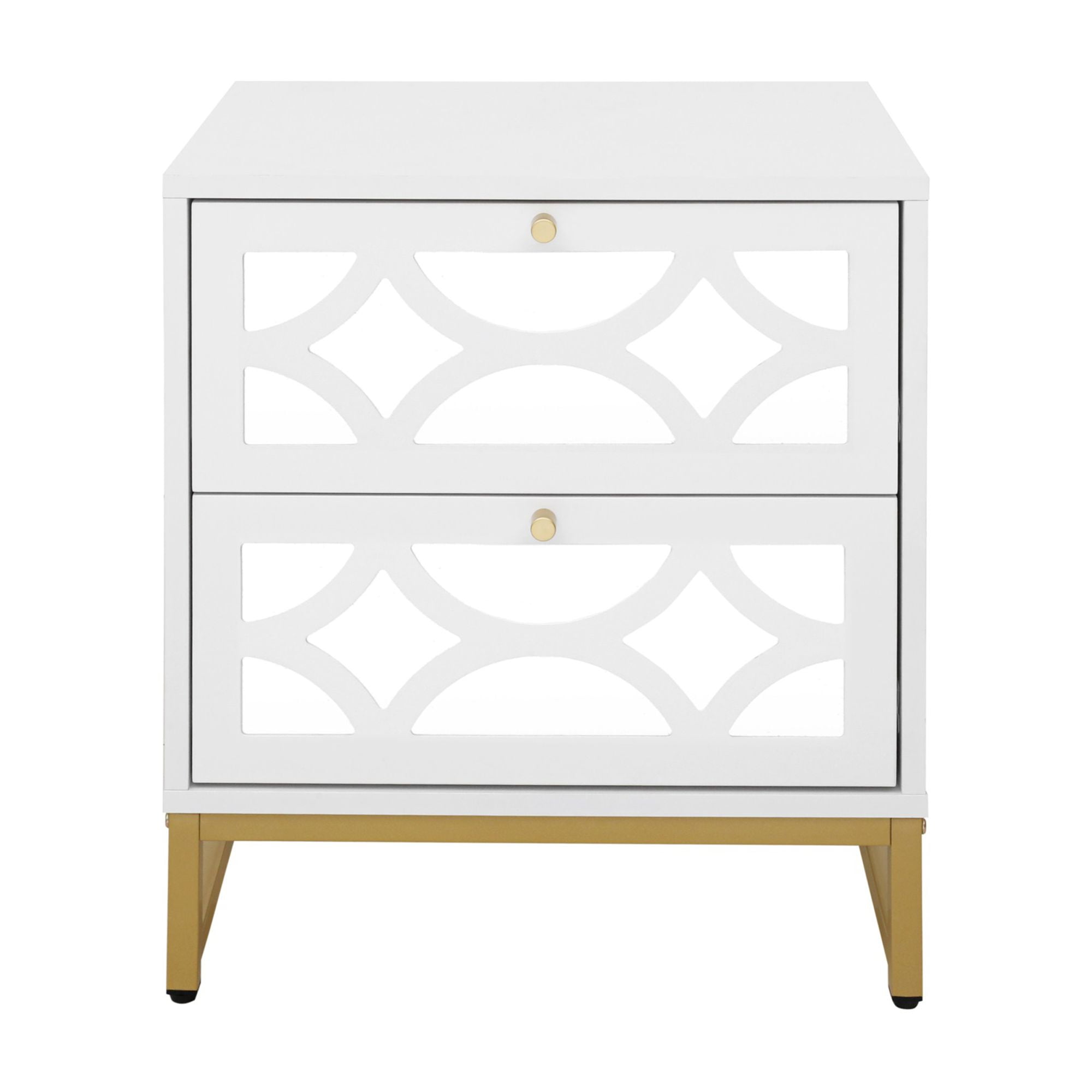 Kadyn Nightstand with 2 Drawer, White Mirrored Bedside Table with Gold Legs for Bedroom, Side Table Kadyn Nightstand with 2 Drawer, White Mirrored Bedside Table with Gold Legs for Bedroom, Side Table