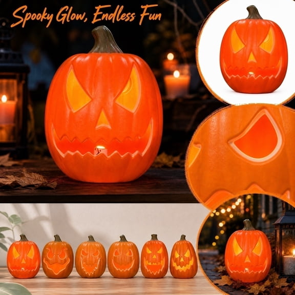 THOPBPRK 14-Inch Halloween Pumpkin Decoration, Light Up Blow Molded Jack-O-Lantern with Cutout Design, Spooky Fall Decor for Front Porch, Indoor Outdoor Party Table Centerpiece, 1Pack A