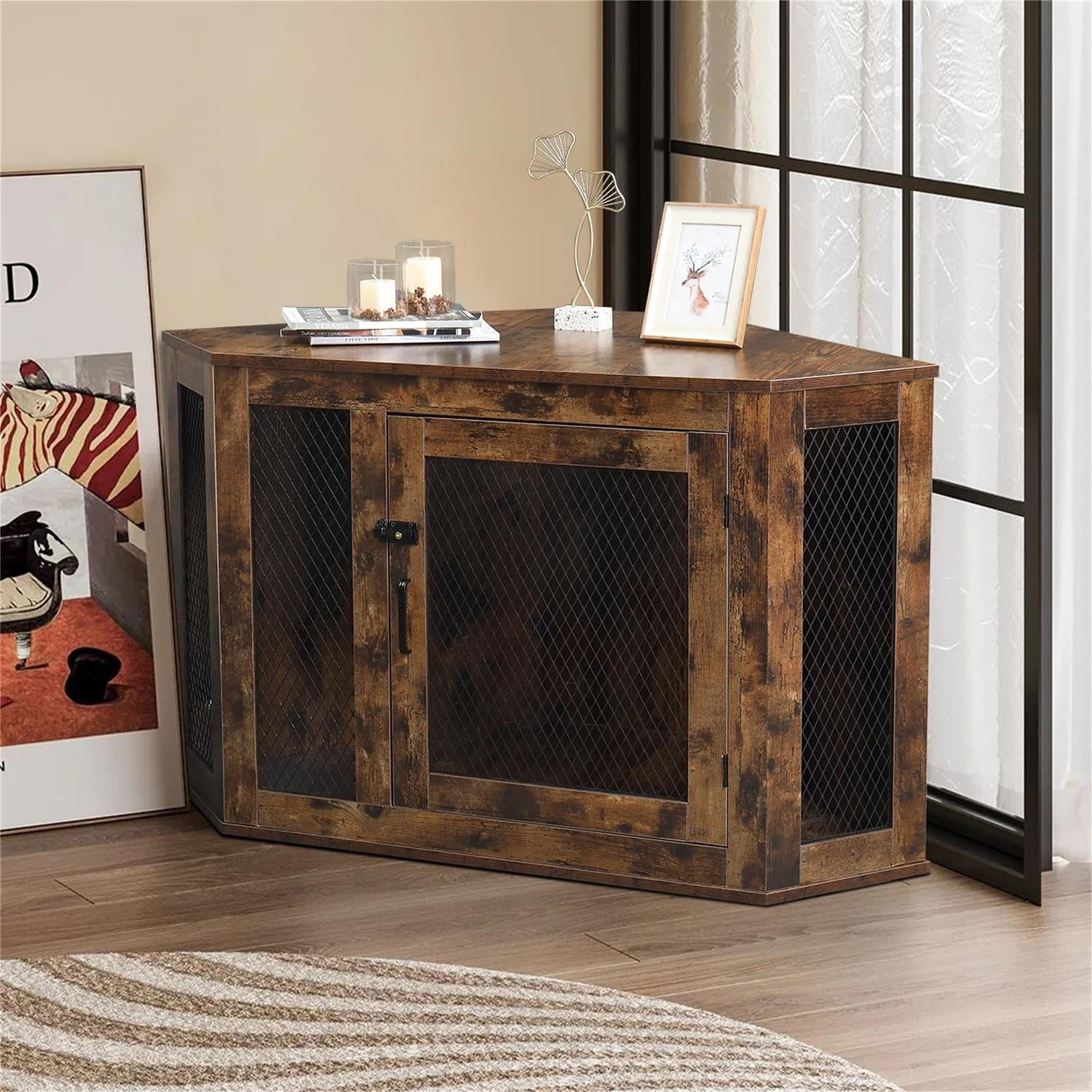 Pefilos 44" Furniture Corner Dog Crate, Dog Kennel with Wood and Mesh, Dog House, Pet Crate Indoor Use, Brown Pefilos 44" Furniture Corner Dog Crate, Dog Kennel with Wood and Mesh, Dog House, Pet Crate Indoor Use, Brown