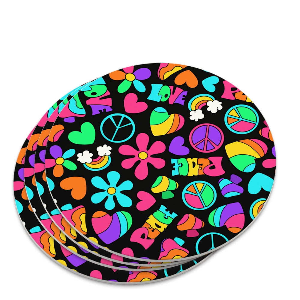Groovy Hippie Peace and Love Pattern Novelty Coaster Set