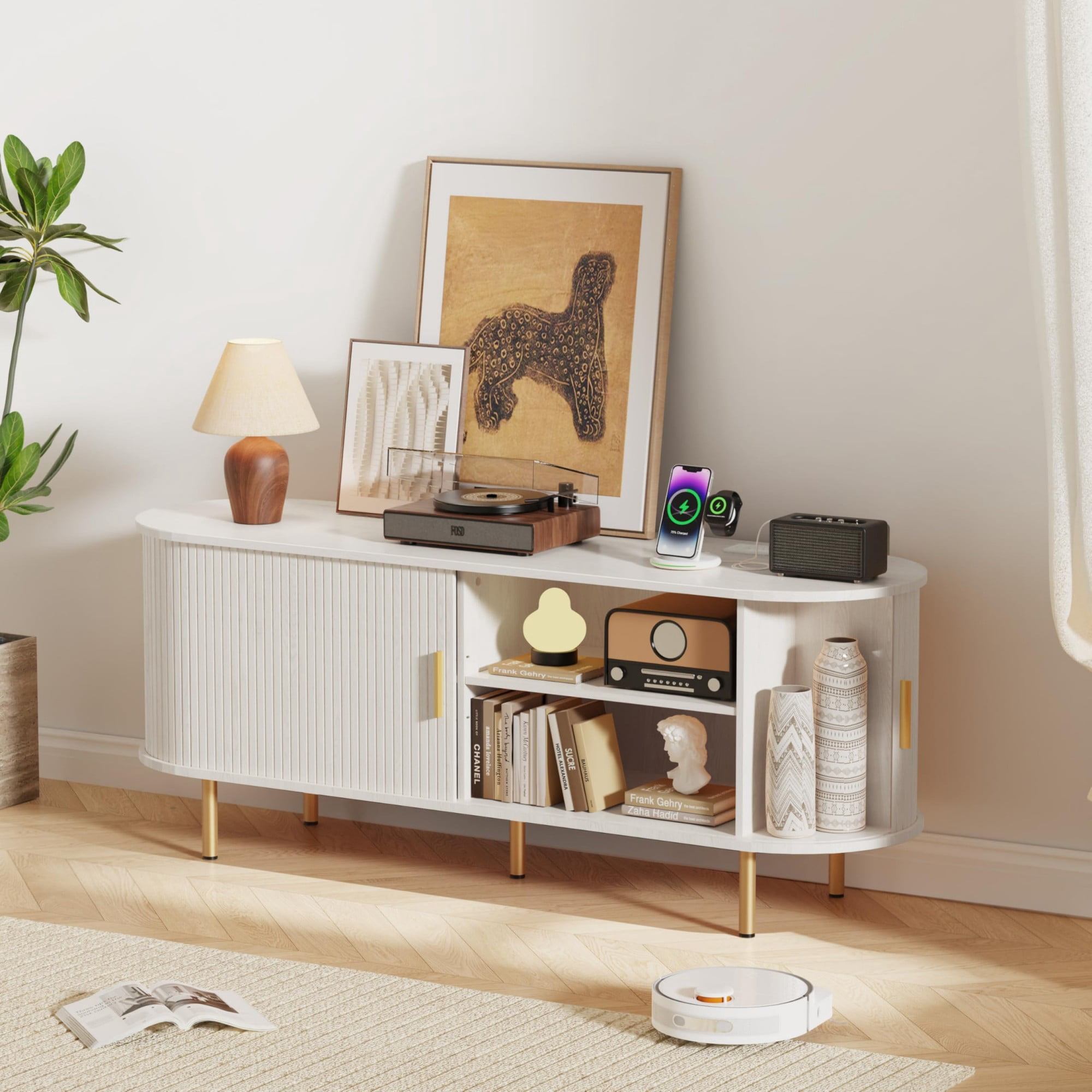 55 Inch Mid Century Modern TV Stand with Power Outlet, Fluted Media Console with Sliding Doors for TVs up to 60 Inch, White