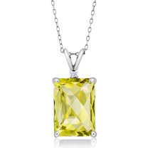 Gem Stone King 925 Silver Yellow Lemon Quartz and White Moissanite Pendant Necklace for Women (6.87 Cttw, Gemstone Birthstone, Emerald Cut Checkerboard 14X10MM, with 18 inch Silver Chain)