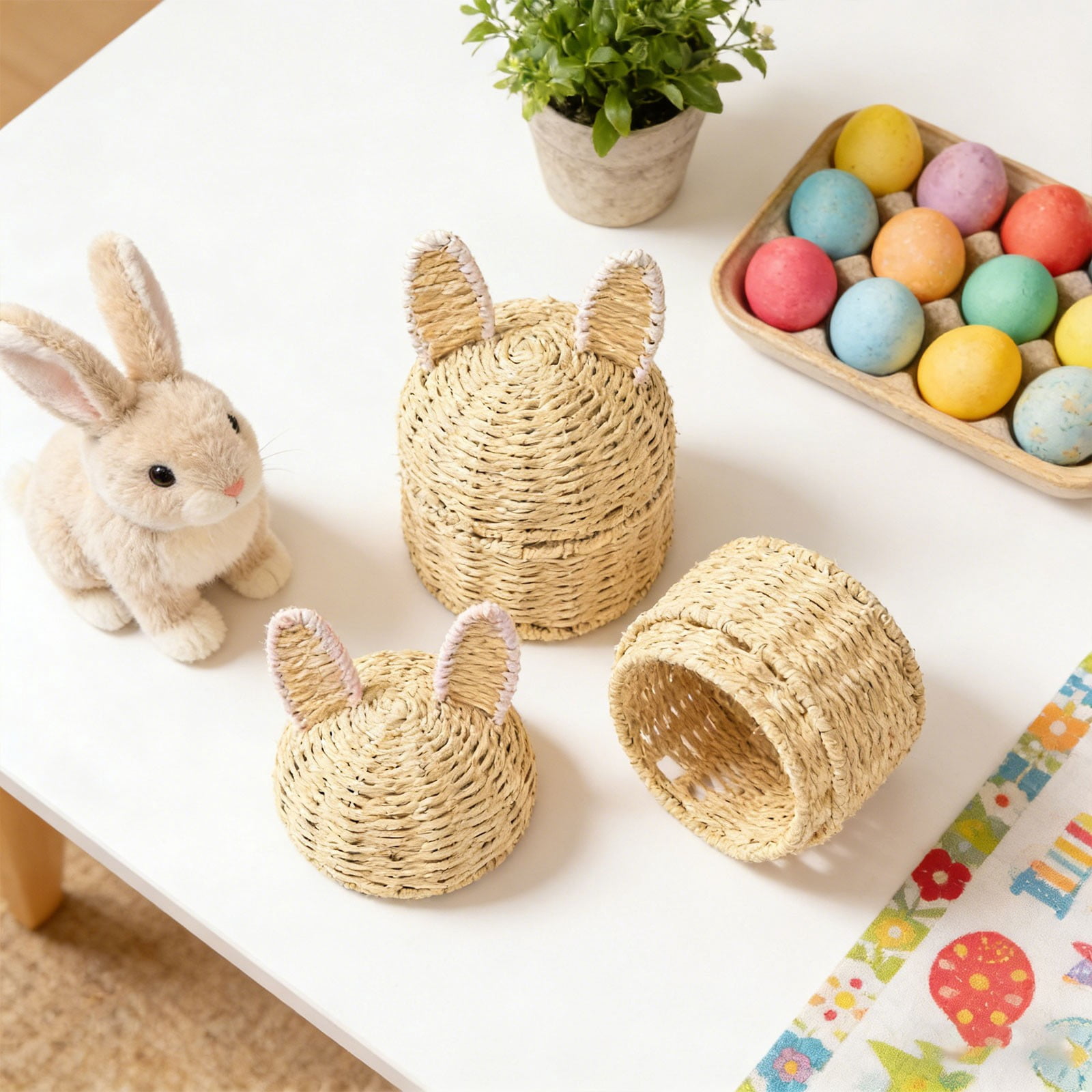HCTSHG Easter Bunny Woven Basket Cute Rabbit Basket Multi-Purpose Storage Organizer for Home Nursery Picnic and Sundries, Woven Storage Basket Holiday Egg Decor Basket Home Desktop