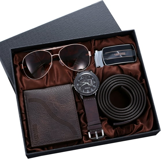 Men's Gift Set Quartz Watch, Genuine Leather Wallet, Belt & Sunglasses - 4pcs/Set Perfect for Father's Day, Boyfriend Gift