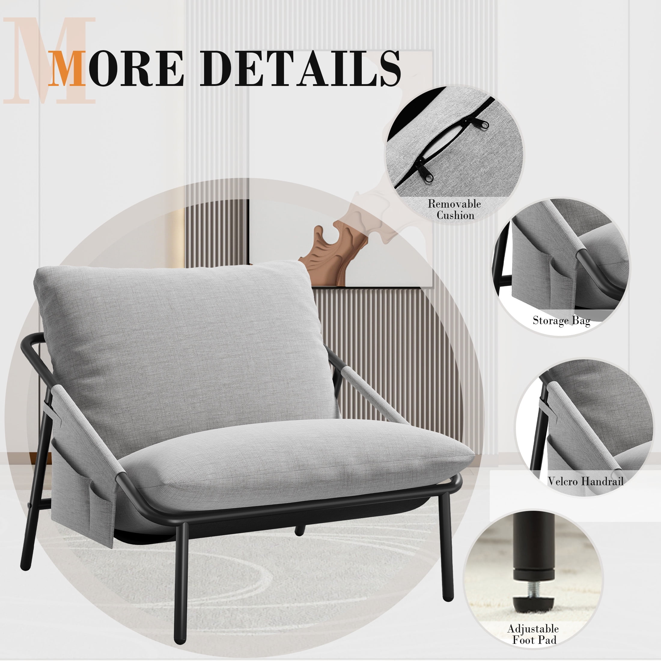 Techmilly Grey Sling Accent Chairs Set of 2, Modern Accent Chairs Reading Chairs for Living Room, Black Metal Armchair with Comfortable Cushion for Reading Room Office, Light Grey Linen