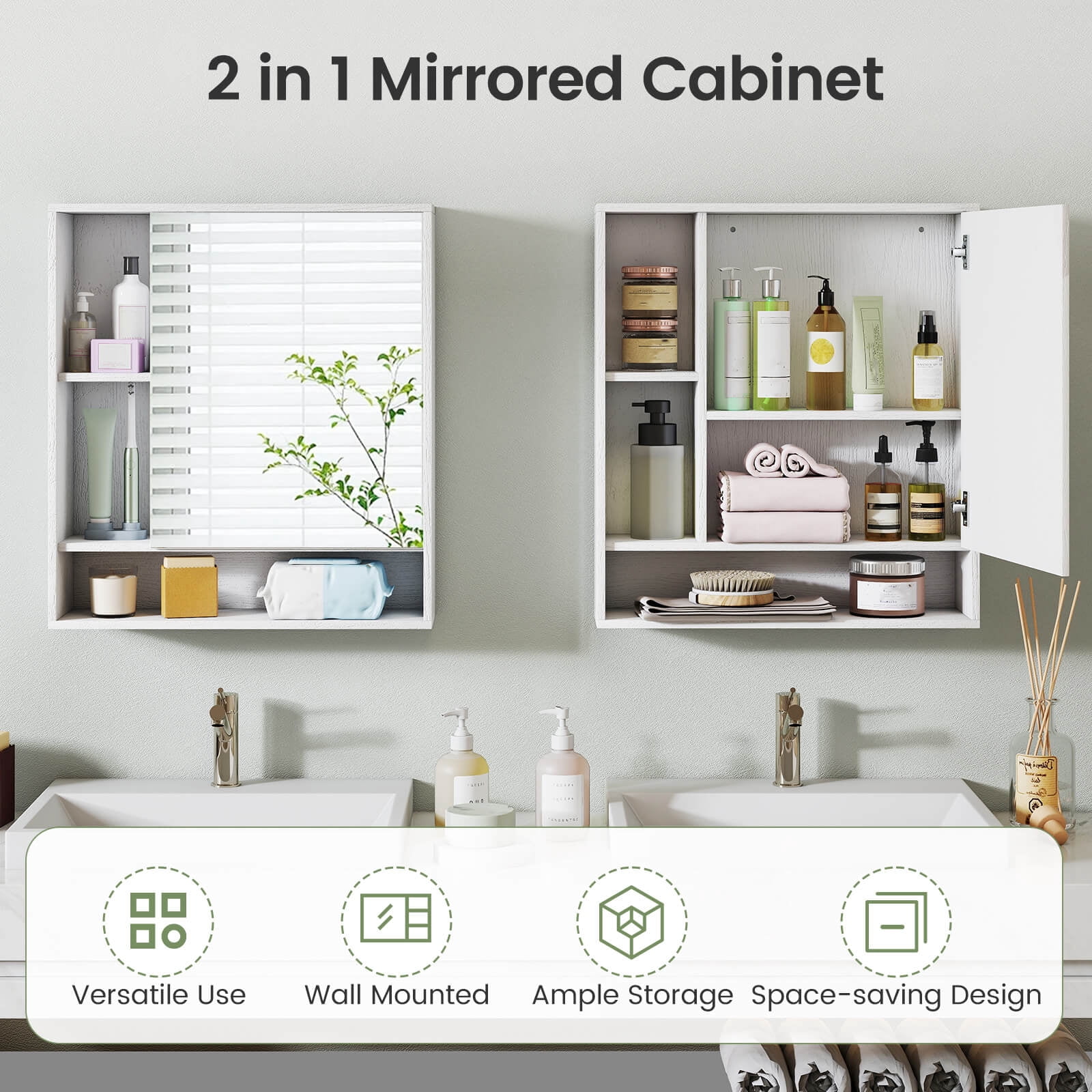 Costway Bathroom Wall Cabinet with Mirror, Single Door, 3 Open Shelves & Adjustable Shelf White
