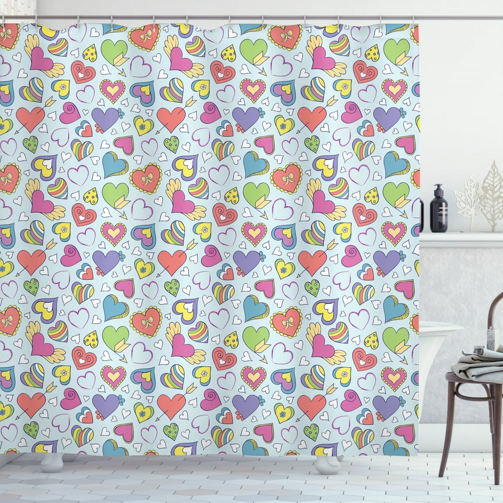 Valentines Shower Curtain, Various Kinds of Hand Drawn Style Colorful