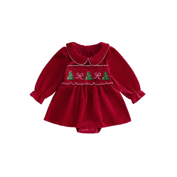 Cjfdfy Newborn Baby Girl Christmas Outfit Christmas Tree Bow Velvet Romper Classic Bubble Long Sleeve Doll Collar Bodysuit A-line Dress Cute My First Christmas Fall Winter Outfits