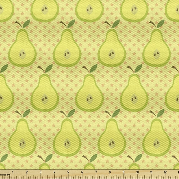 Fruits Fabric by the Yard Upholstery, Pears on a Background of Mini Stars, Decorative Fabric for DIY and Home Accents, Yellow Green Pale Yellow by Ambesonne