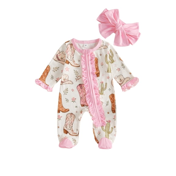 Cjfdfy Newborn Baby Girl Western Cowgirl Fall Outfit Ruffle Zipper Footed Romper Long Sleeve Bodysuit With Bow Headband Cute Coming Home Footed Jumpsuit 0-12 Months