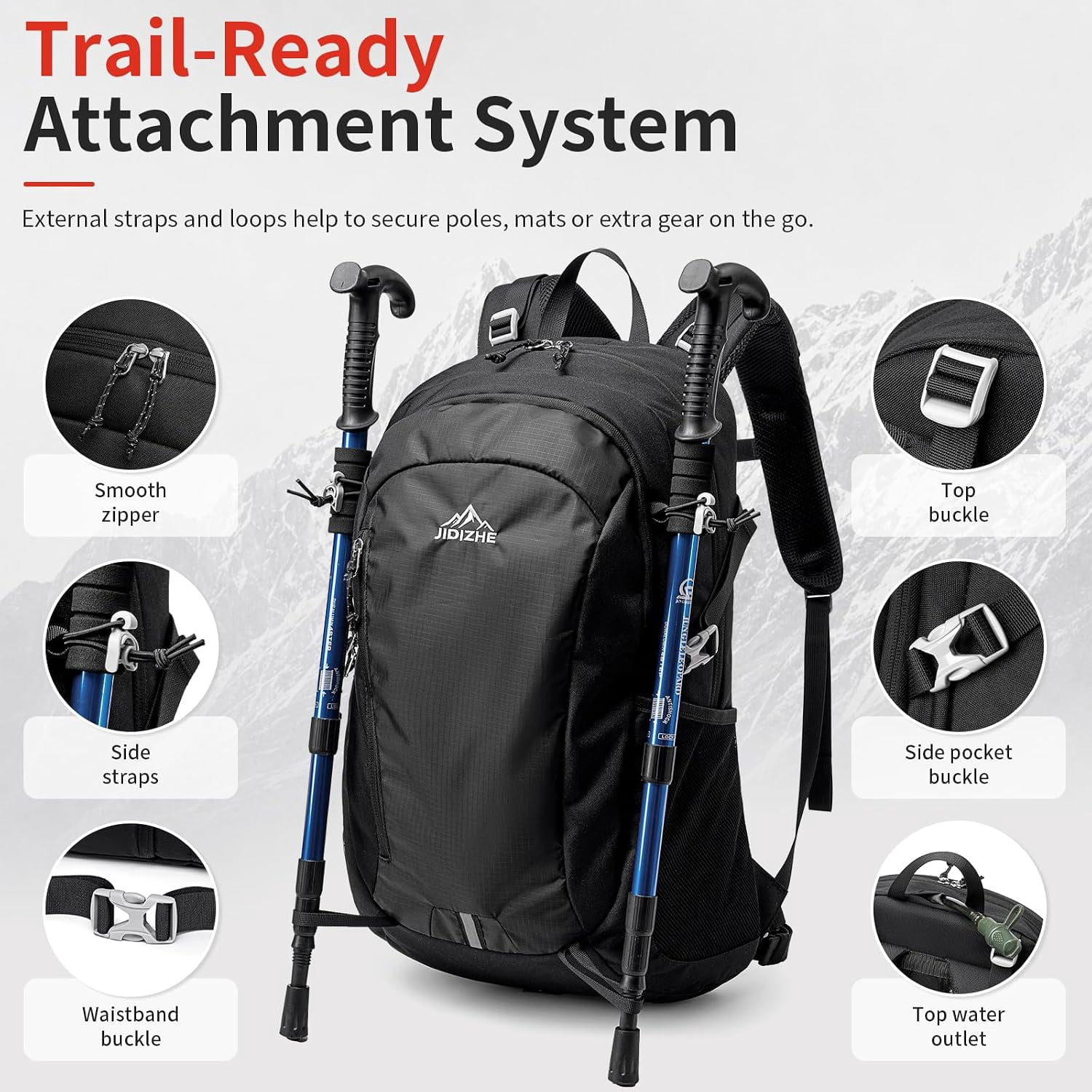 JIDIZHE 35L Hiking Backpack, Water Resistant Daypack with Rain Cover, Lightweight Design, Adjustable Chest Strap & Breathable Back Pad, Unisex for Hiking, Camping & Travel, Black