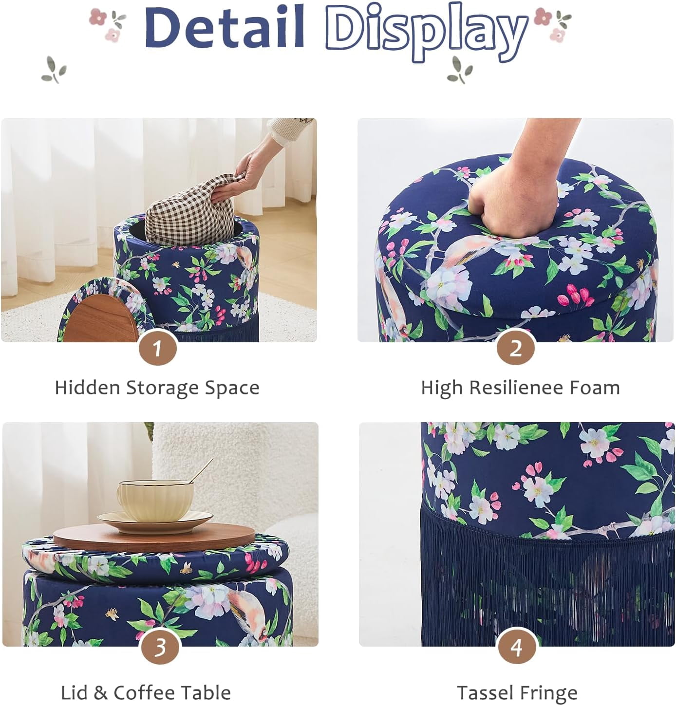 Casa Pura Furniture Storage Ottoman Round Velvet with Fringe Blue Hidden Storage 17.72 in H