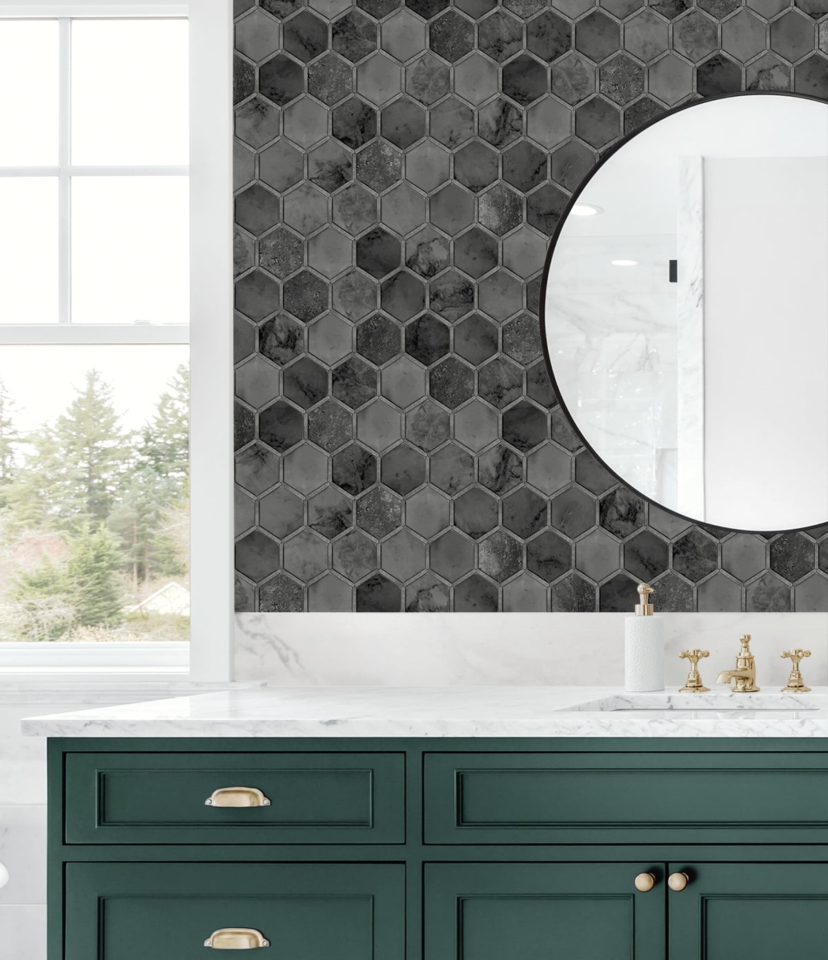 NextWall Cosmic Black & Metallic Silver Inlay Hexagon Peel and Stick Wallpaper