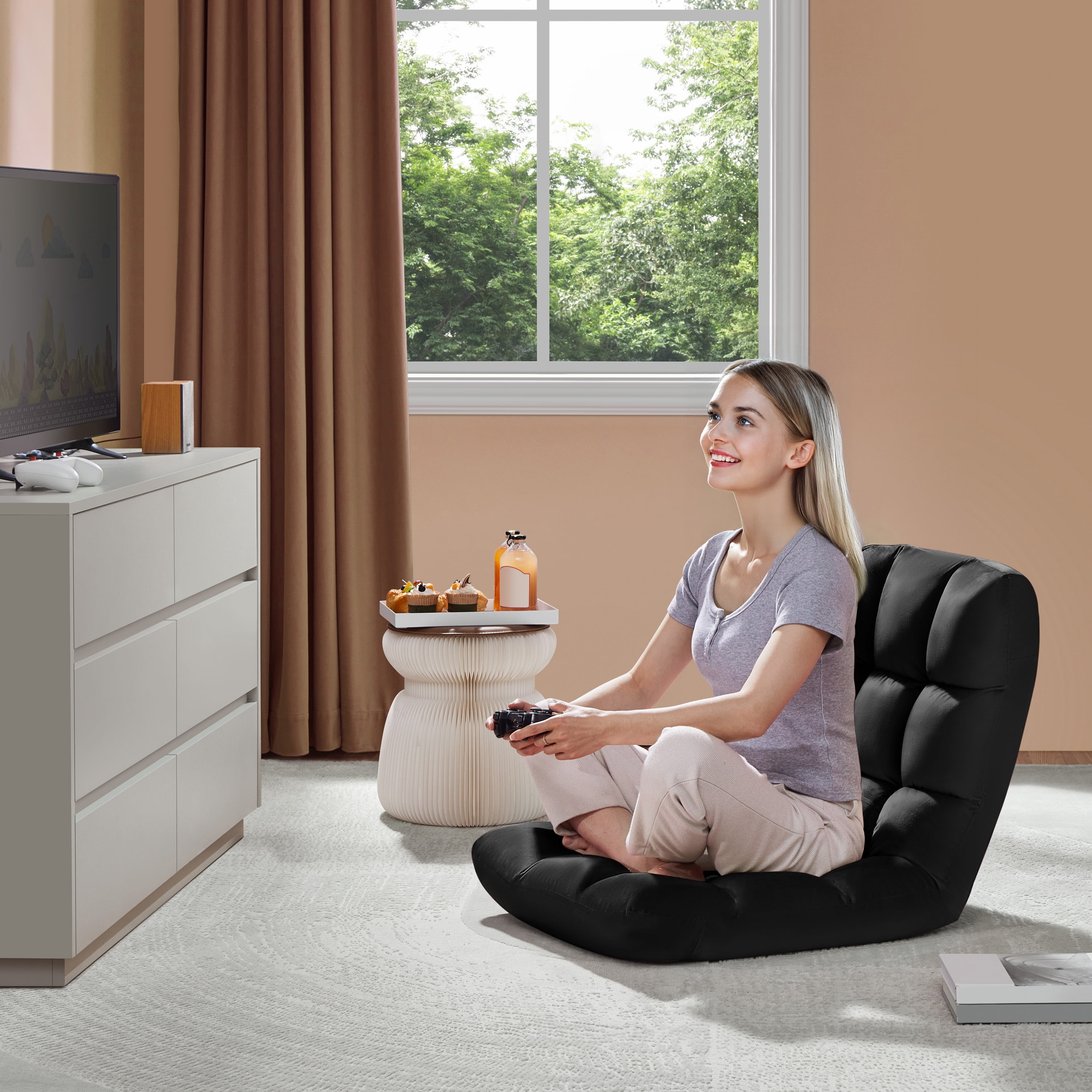 Alden Design Floor Folding Gaming Chair Lazy Sleeper Recliner with 14 Adjustable Positions, Black