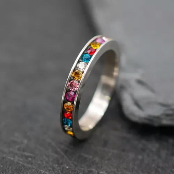 QQTDFG Sterling Silver Bohemian Boho Multi-color CZ Thin Band Ring A3076-5