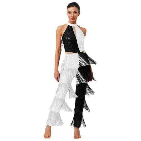 Xnihocha Womens 70s 80s Disco Dance Jumpsuit Sequin Fringe Rompers Fancy Dress Jazz Latin Dancewear White XL