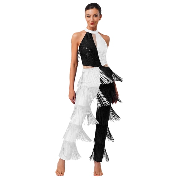 inlzdz Women's Retro 70s 80s Disco Halter Jumpsuit Contrast Color Tassel Long Pants for Rave & Dance White S