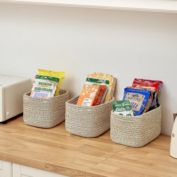 Small Cotton Rope Storage Baskets Set of 3 - 11x7x7" Beige Woven Baskets for Toy, Towel, and Home Organization