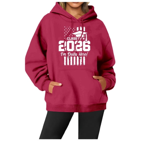 Wang6 Letter Pirnted Hoodies for Womens Plus Size"Class of 2026"Printed Hooded Sweatshirts Trendy Drawstrings Long Sleeve V Neck Loose Fit Tops with Pockets Red XL