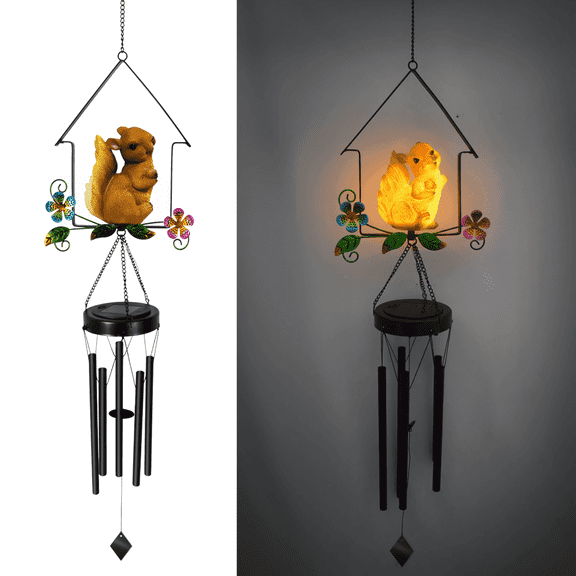 Sykixib Solar Wind Chimes for Outside Garden Decor - Outdoor Hanging Solar Powered LED Wind Chime with Auto On/Off, Weather-Resistant Iron Art Animal Design for Patio, Yard, Party Gift, Squirrel