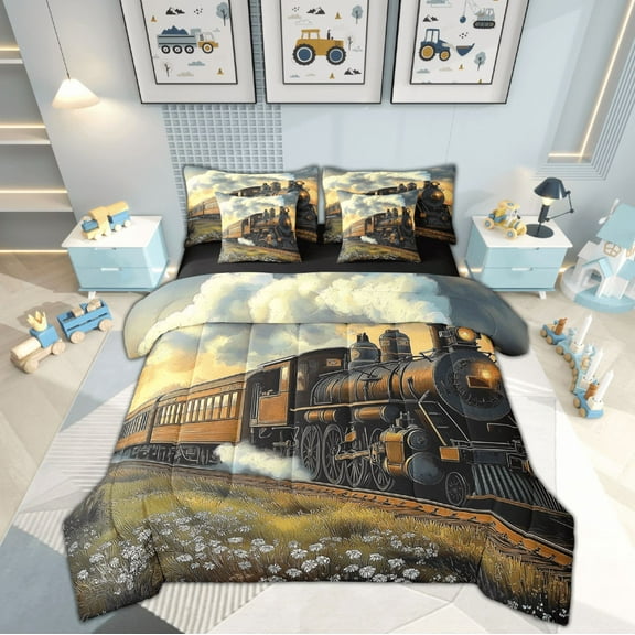 Erosebridal Oil Painting Bed in a Bag Twin size 7 Pieces, Vintage Train Bed Set, Daisy Floral Decor, Reversible