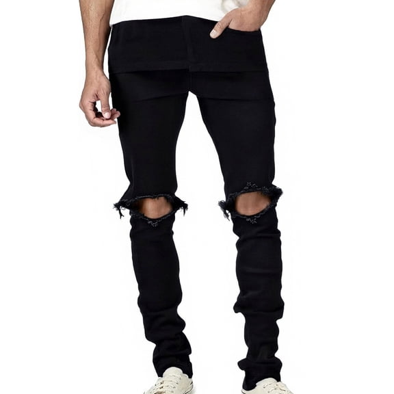 Mens Stretch Slim Fit Jeans Ripped Denim Pants Fashionable Tapered Casual Full Length Trousers Black 29