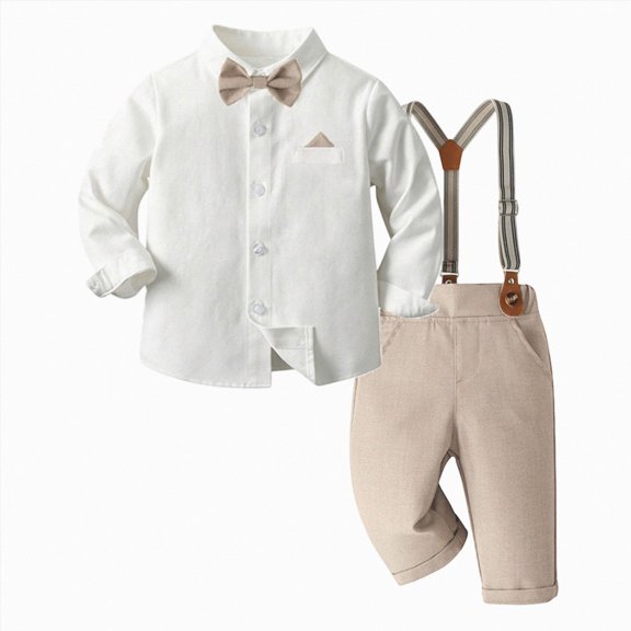enyan Boys Clothes Set Toddler Gentlemen Wedding Suit Long Sleeve Bowtie Formal Dress Shirts Suspenders Pants Outfits Set White,18-24 Months