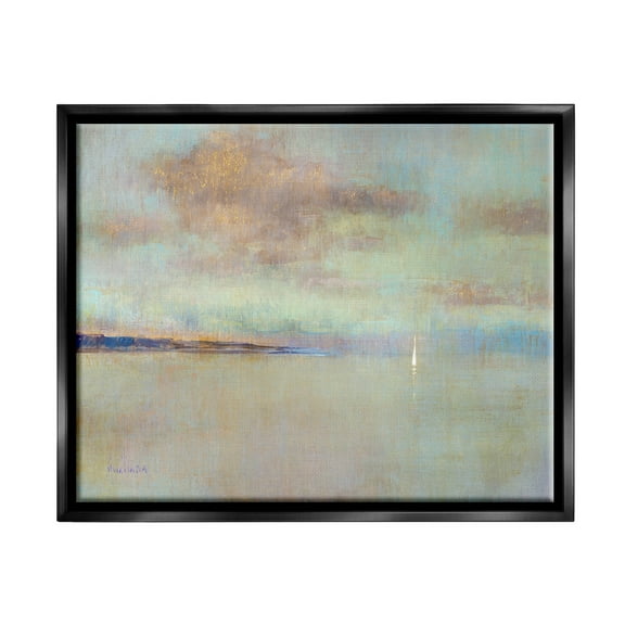 Stupell Industries Abstract Ocean Scene Lone Sailboat Painting Jet Black Floating Framed Canvas Print Wall Art, Design by Katie Swatland