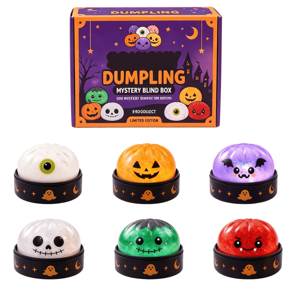 Halloween Dumpling Squishy Mystery Blind Box Stress Relief Fidget Ball in Steamer Container, Spooky Party Favors Goodie Bag Stuffers, 1 PC Random