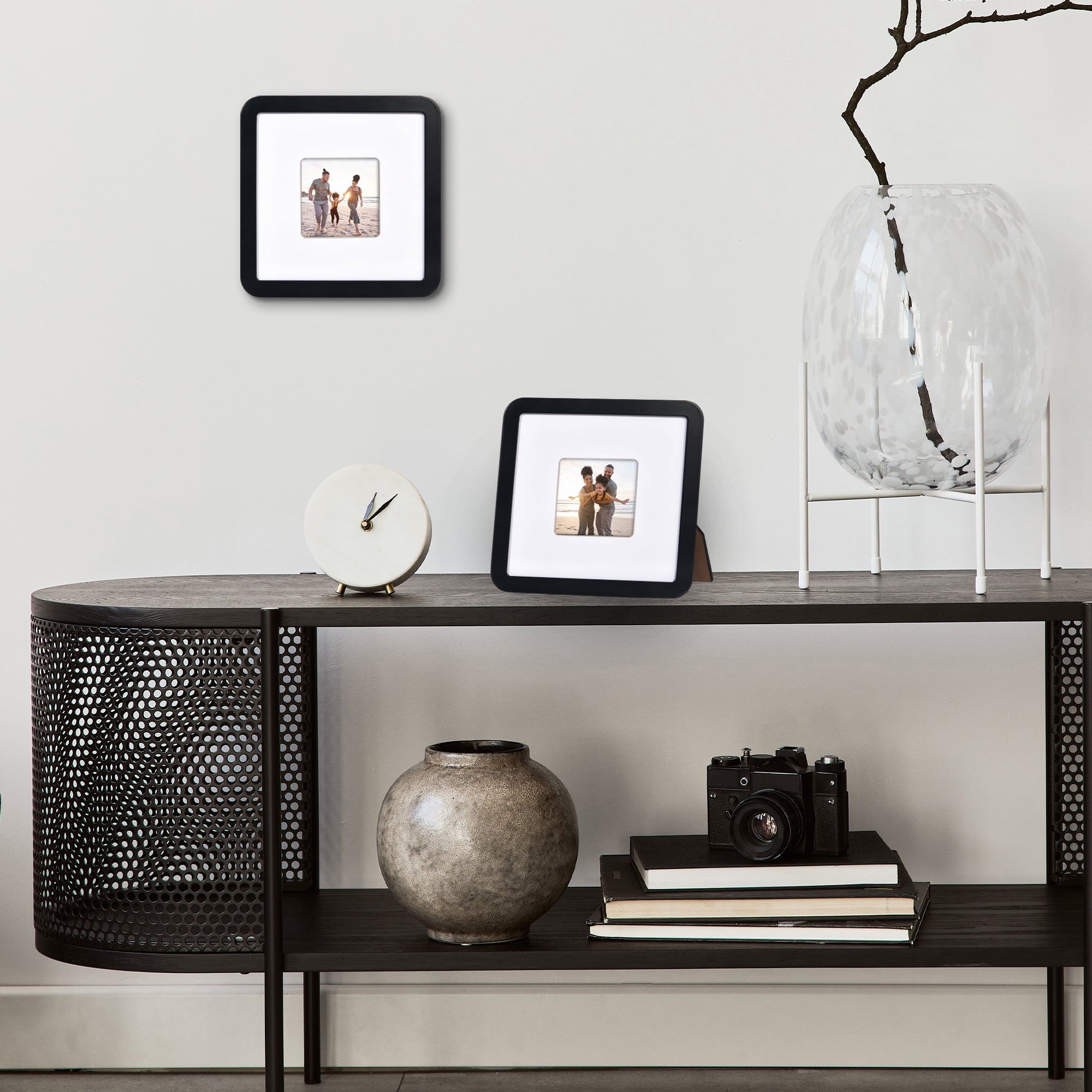 Americanflat 8x8 Picture Frame with Shatter-Resistant Glass with 4x4 Mat Round Corner Molding Mod - Black