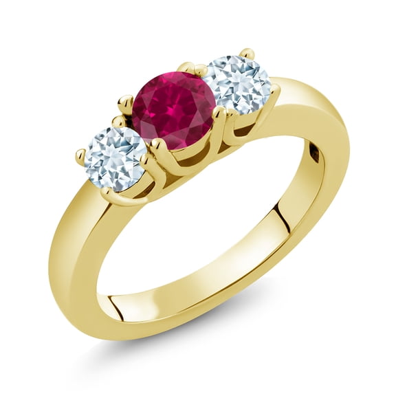 Gem Stone King 1.50 Ct Red Created Ruby Sky Blue Aquamarine 18K Yellow Gold Plated Silver Classic 3-Stone Ring for Women (Size 6)