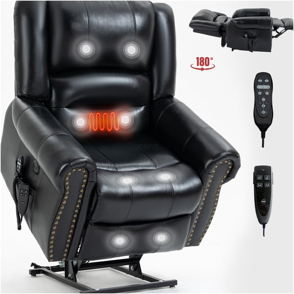 JERFIT Power Lift Recliner Chair with Heat Massage, Dual Motor Infinite Position Reclining, Genuine Leather, USB Charging & Side Pockets for Living Room