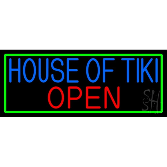 House Of Tiki Open With Green Border LED Neon Sign 10 x 24 - inches, Clear Edge Cut Acrylic Backing, with Dimmer - Bright and Premium built indoor LED Neon Sign for Bar decor.